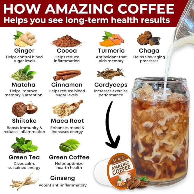 Superfoods Company | Amazing Coffee - Instant French Roast | Adaptogenic Mushrooms Superfoods - Energy Focus Digestion Immunity - 30 Servings - Hazelnut Flavor