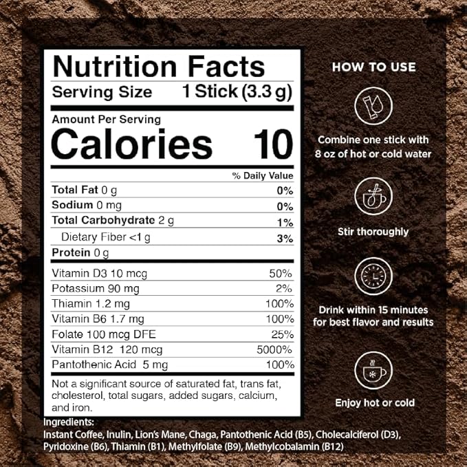 VitaCup Mushroom Coffee Instant Packets for Memory &amp Clarity Support w/Fiber Chaga Lion’s Mane D3 B Vitamins Medium Roast 100% Arabica &amp Robusta Coffee in Single Serve Sticks 72 Ct