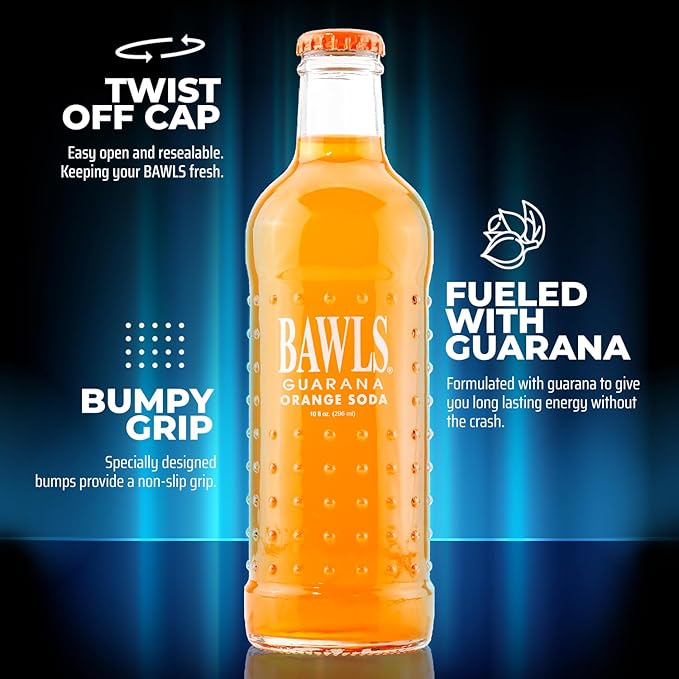BAWLS Guarana Mandarin Orange BAWLS Guarana Drink Guarana Soda Guarana Fueled Soda for Energy High Energy Caffeinated Drink 10oz 12 Pack Glass Bottles
