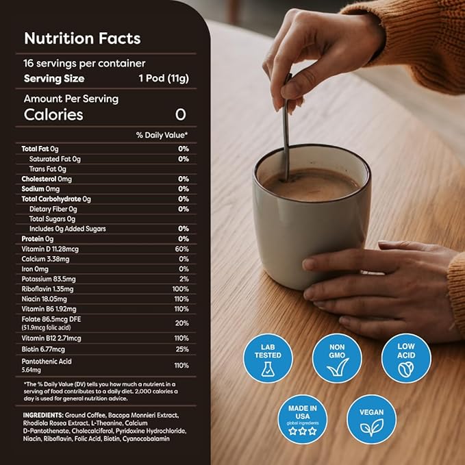 Krios Coffee Brilliance Coffee Pods Enhance Energy &amp Focus with Essential Vitamins L-Theanine Bacopa Monnieri &amp Rhodiola Rosea Medium Roast Smooth 16 Ct
