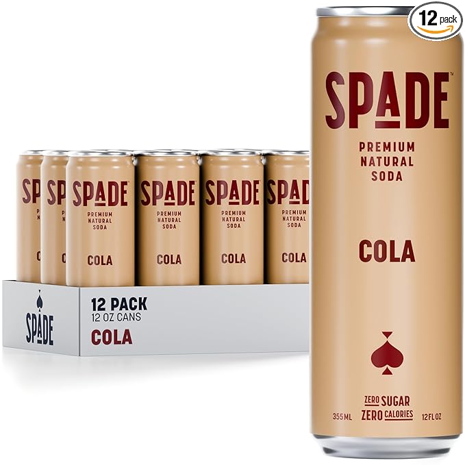 Spade Soda Cola 12 Pack Premium All-Natural No Sugar No Calories Electrolytes Magnesium Potassium Healthy Non GMO Sweet Stevia No Artificial Sweeteners Great Taste Bold Taste
