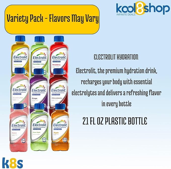 Electrolit Variety Pack Flavors May Vary Hydration Drink with Electrolytes 21 fl oz Plastic Bottles 9 Pack + 1 Microfiber Cooling Towel by KOOL8SHOP Infinite Deals