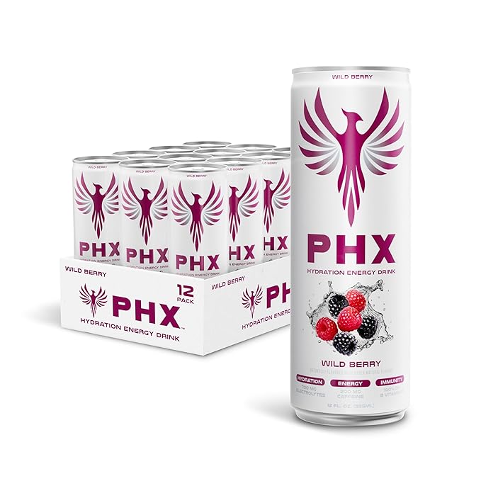 PHX Hydration Energy Drink - 700mg Electrolytes 200mg Natural Green Tea Caffeine 100% Daily Value 8 Essential Vitamins - 12 oz Cans (12 Pack) (12 Pack Wild Berry)