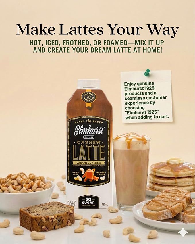 Elmhurst 1925 Caramel Cashew Latte – Plant-Based Vegan Dairy-Free Plant Milk Latte Made of Cashew Milk Cold Brew Premium Arabica with 95mg Caffeine &amp Sweet Caramel Notes – 25.4oz (Pack of 6)