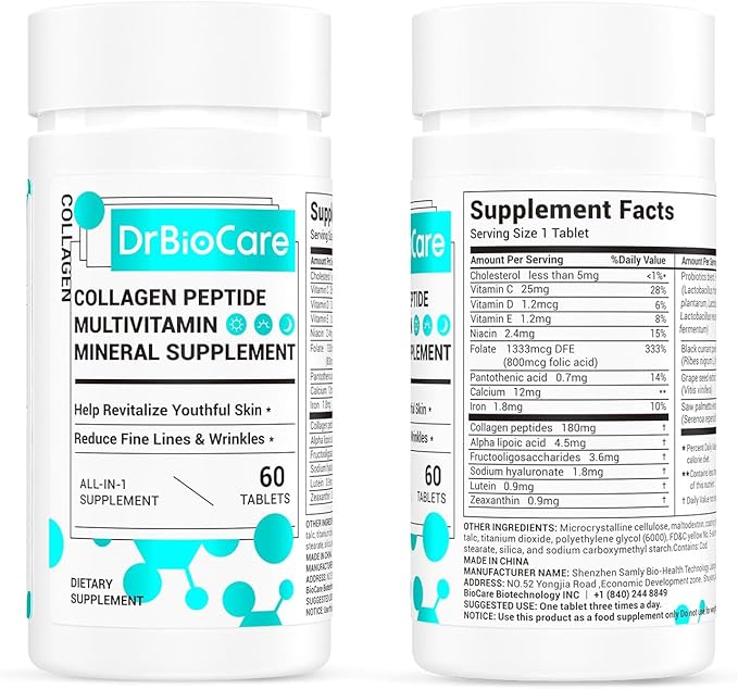 DrBioCare Collagen Peptides for Women Beauty Vitamin &amp Mineral SupplementContains Vitamin D3 Probiotics for Women &amp Collagen PeptidesVitamin B ComplexVitamin E 60 Tablets
