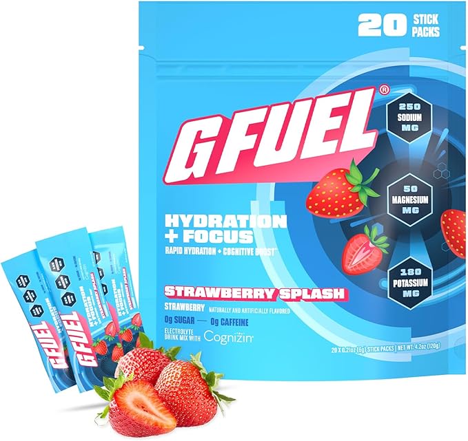 G Fuel Electrolytes Powder for Instant Hydration and Focus | Sugar Free Strawberry Flavor Electrolyte and Nootropic Drink Mix to Sharpen Mental Focus 20 Servings