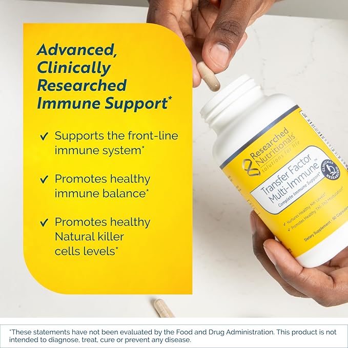 Transfer Factor Multi-Immune Support Supplement - Clinically Researched Immune Support Formula with Colostrum Mushrooms Green Tea and IP-6 - Promotes Healthy NK Cell &amp T-Cell Function 90 Capsu