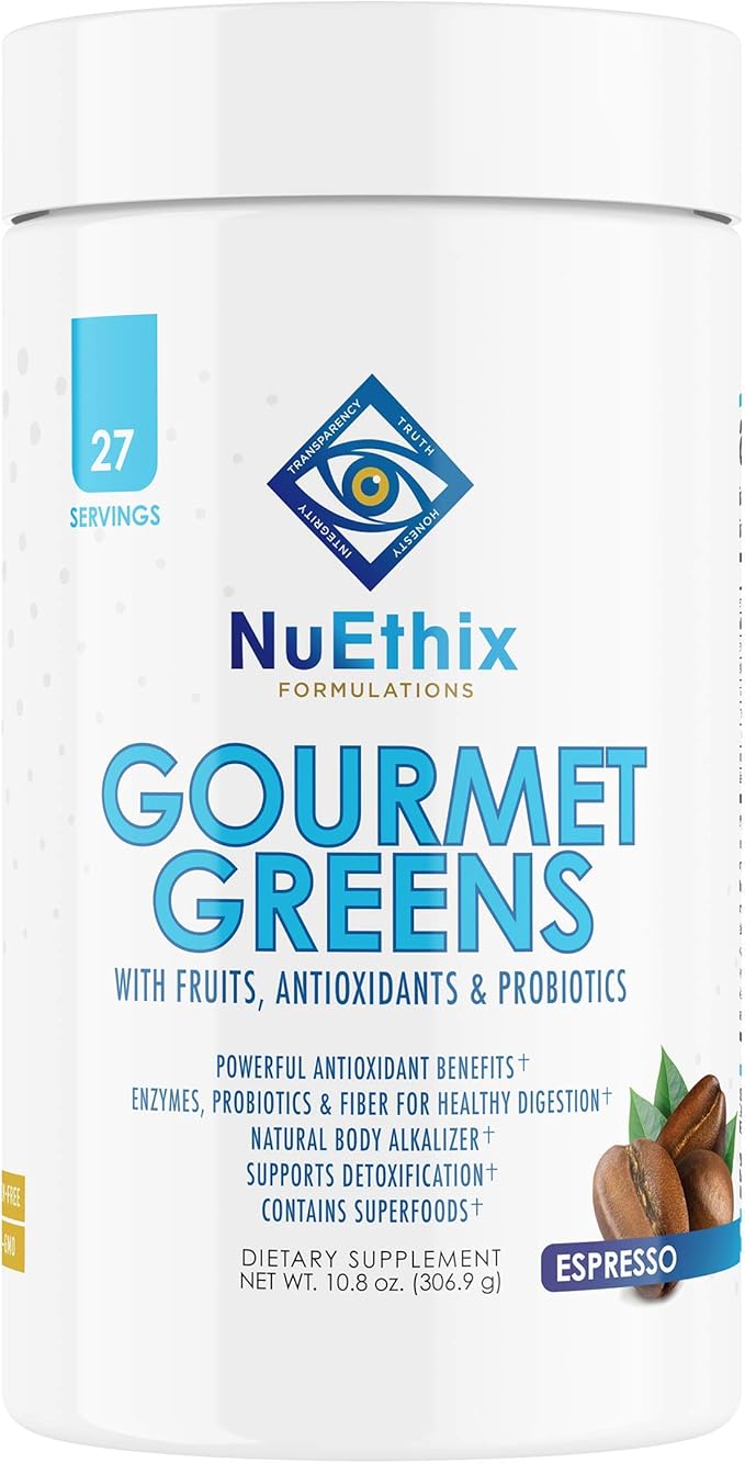 NuEthix Formulations Gourmet Greens Drink Powder Dietary Supplement with Fruit and Vegetable Superfoods and Probiotics Espresso 27 Servings