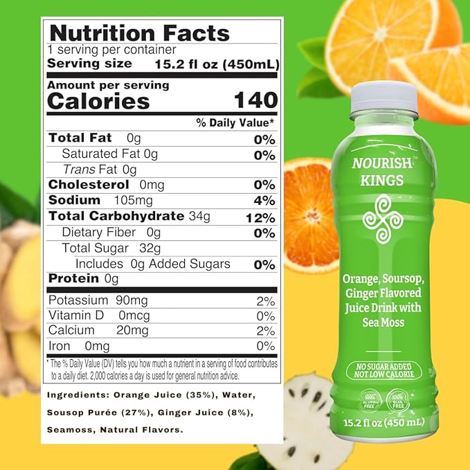 Nourish Kings- Sea Moss drink with Soursop Ginger &amp Orange juice No Added Sugars or Preservatives 12 pack of 15.2 Fl oz Bottles