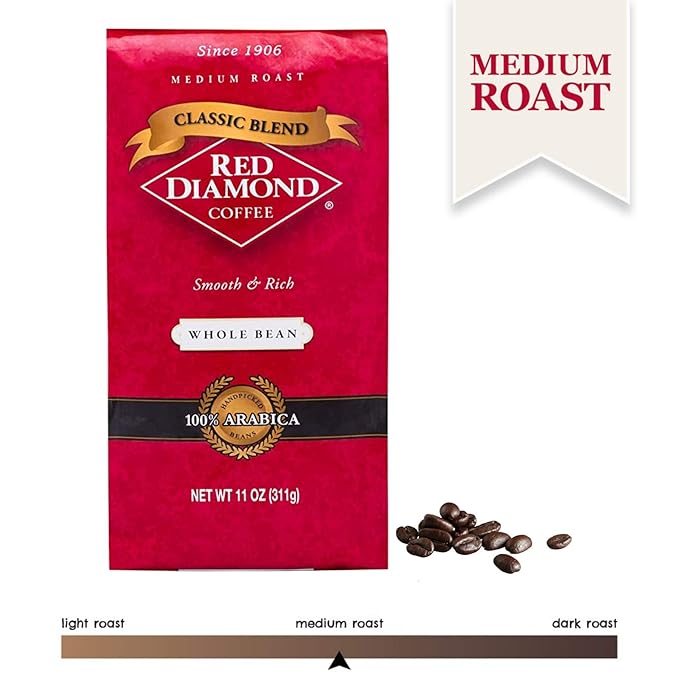 Red Diamond Whole Bean Coffee Classic Blend Medium Roast Premium Arabica Whole Beans Smooth &amp Rich Flavor 11 Ounce Resealable Bag (Pack of 3)