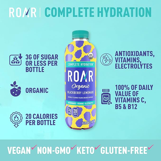 ROAR Complete Hydration Organic - Electrolyte Drinks Loaded with Vitamins C B5 B12 - Non-GMO Gluten-Free - Blackberry Lemonade - 12 pc