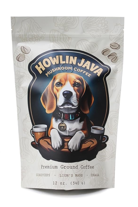 Howlin Java Mushroom Coffee Premium Ground Coffee with 1 gram each of Lion's Mane Chaga and Cordyceps. Increase Energy Focus and Immunity with our Adaptogenic blend! 28 servings