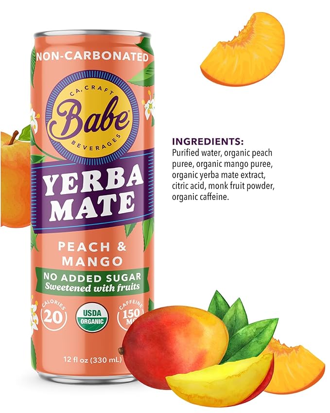 Babe Organic Yerba Mate Energy Drinks | NO SUGAR ADDED with 150mg Plant-Based Caffeine | Natural Yerba Mate Tea with No Crash No Jitters - Peach Mango &amp Passion Dragon (12 x 12oz Cans)