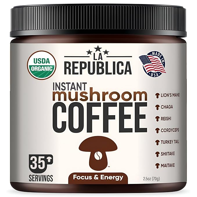 La Republica Instant Mushroom Coffee Organic – 100% Arabica Coffee with Lion’s Mane Reishi &amp 5 More Mushrooms for Focus Immunity Energy Support &amp Fast Metabolism – 35 Servings