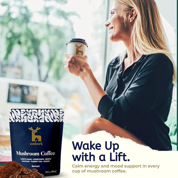 Emberk Organic Mushroom Coffee with Lions Mane - Instant Coffee with 6 Adaptogenic Mushrooms 5000mg per Cup for Focus Energy and Immune Support - Low Caffeine Vegan 35 Servings