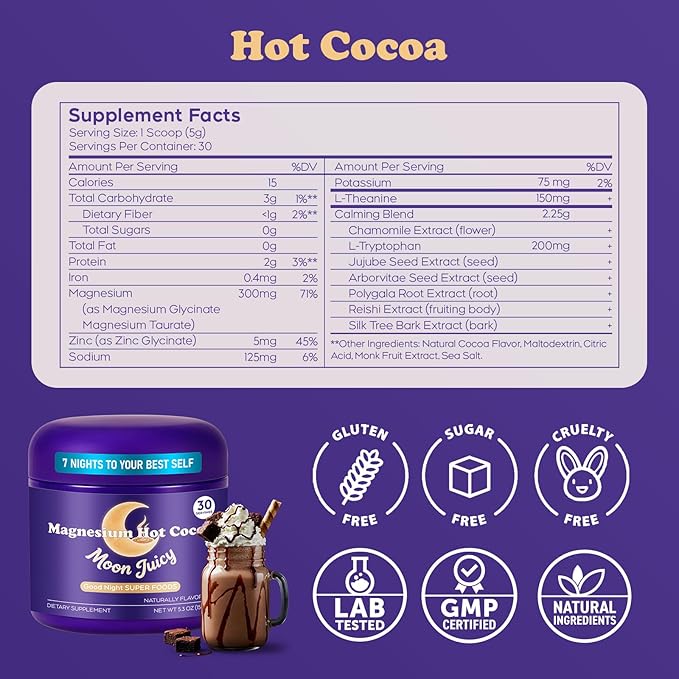 MoonJuicy Nighttime Sleep Hot Cocoa Mix for Adults - Natural Magnesium for Sleep &amp Melatonin-Free Aid Powder with L-Theanine Chamomile - Calming Hot Chocolate (30 Servings).