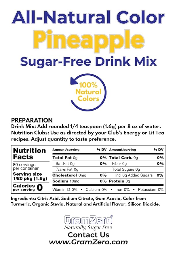GramZero Pineapple Zero Calorie Sugar Free Drink Mix Great For Nutrition Club Loaded Teas Stevia Sweetened