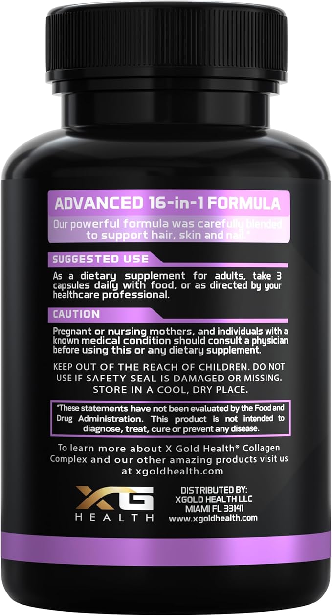 X Gold Health Collagen Complex Types I II III V Biotin 10000 mcg Keratin Hyaluronic Acid Saw Palmetto Vitamins C &amp E Advanced HSN Formula for Men &amp Women 90 Vegan Capsules