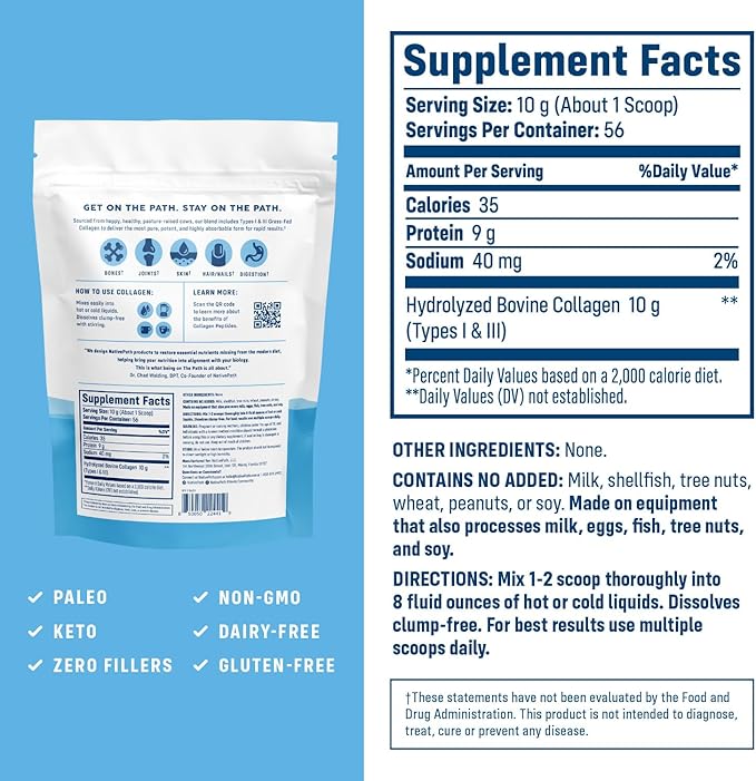 NativePath Collagen Peptides Protein - Hydrolyzed Type 1 &amp 3 Collagen Powder for Skin Hair Nails - 19.8 oz (56 Servings)