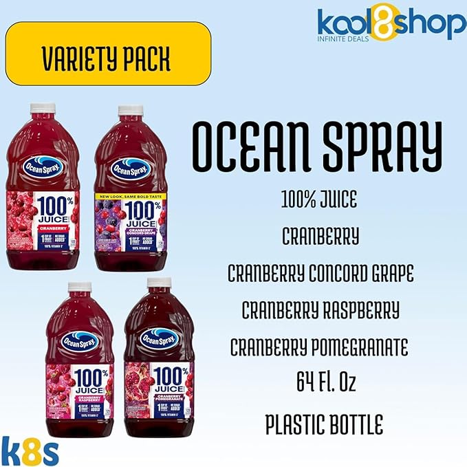 Ocean Spray 100% Variety Pack Fruit Juice No Added Sugar 64 fl oz 4 Pack + 15 Sugarcane Disposable Straws by KOOL8SHOP Infinite Deals