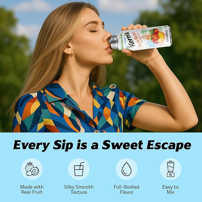 Kern’s Peach Nectar Lata Botella - Made with Fresh Fruit Puree &amp Peach Juice Concentrate for Fruit Smoothie Mix Cocktail Mixers &amp Kids Beverages - 15.5oz 12 Pack Resealable Juice Bottles