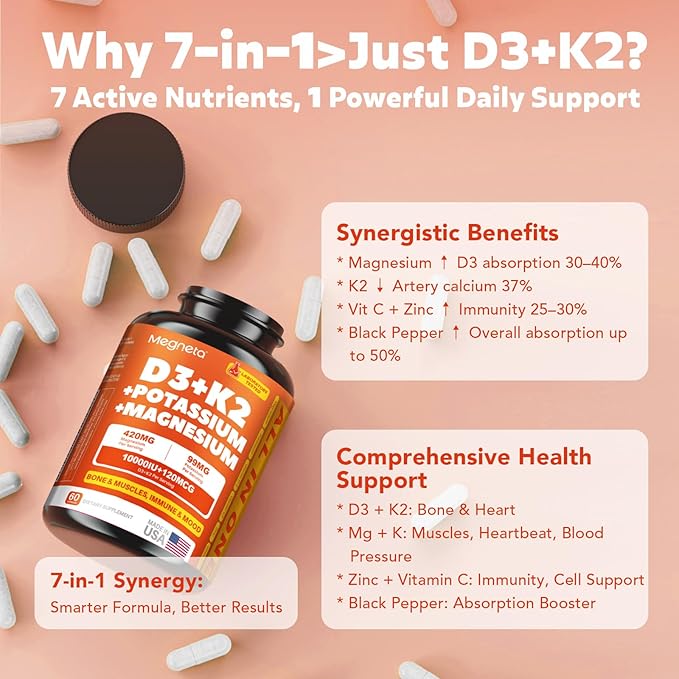 Vitamin D3 K2 10000 IU with Magnesium &amp Potassium – Supports Calcium Balance Muscle Function &amp Immune Health – Vegan High Absorption – 60 Capsules