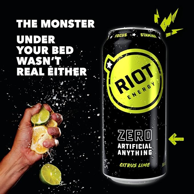 RIOT Clean Energy Drink – No Sucralose No Sugar Added No Artificial Flavors | 160mg Natural Caffeine + 100mg L-Theanine | Clean Focus Stamina &amp Smooth Energy | 16 Fl Oz (Pack of 12) (Citrus Lim