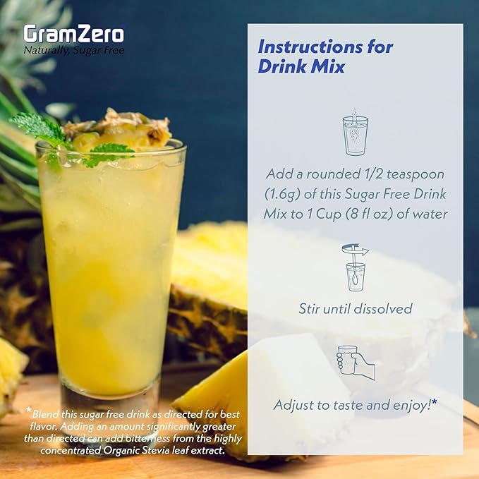 GramZero All Natural Pineapple Zero Calorie Sugar Free Drink Mix Great For Nutrition Club Loaded Tea Stevia Sweetened