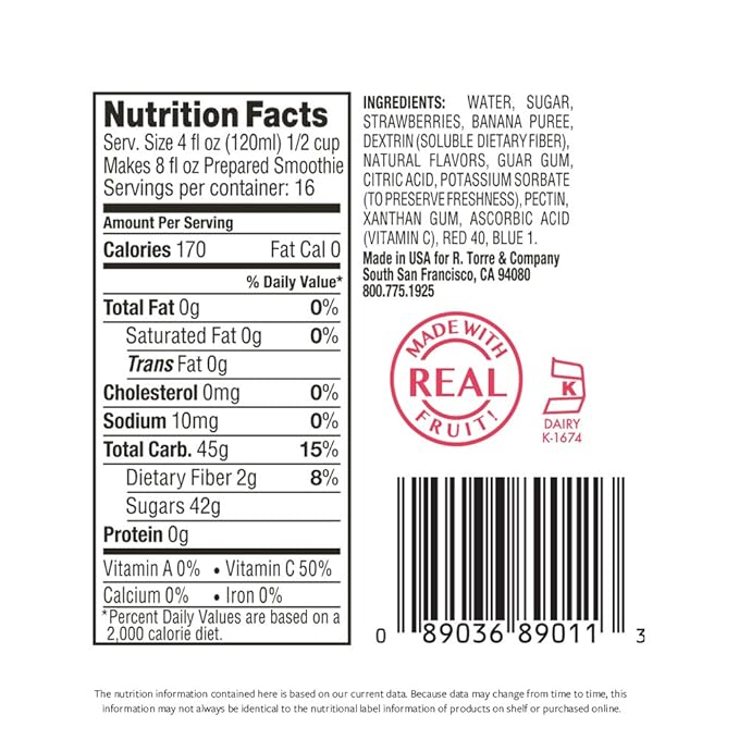 Torani Real Fruit Smoothie Mix Strawberry Banana 64 Ounce