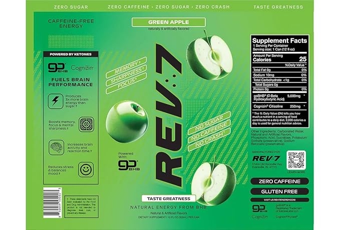 REV7 Energy Drink Caffeine Free Zero Sugar Powered by goBHB Ketones Green Apple - 12ct