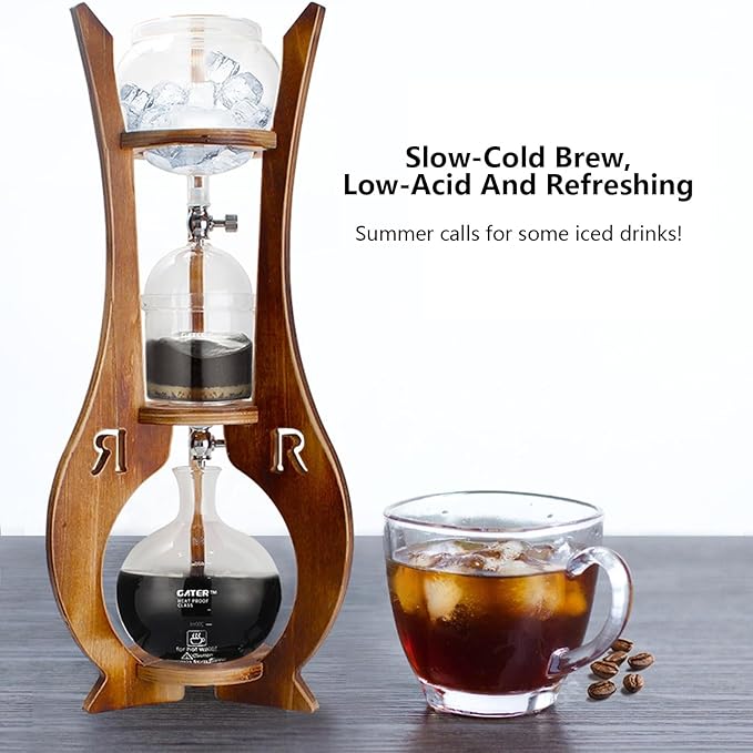 Cold Brew Coffee Maker Iced Coffee Cold Brew Drip Tower Coffee Maker with Adjustable Valve Borosilicate Glass Wood Tower for Making Delicious Cold Extracted Coffee At Home In Shops Cafes and Offices