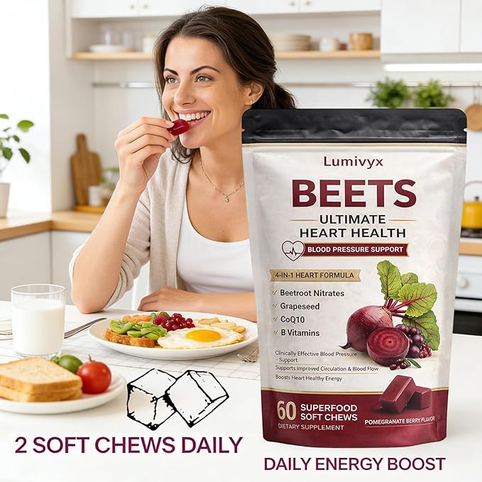 Beet Chews – Premium Beetroot Grape Seed &amp CoQ10 Functional Chews – Natural Pomegranate Berry Flavor Supports Healthy Circulation &amp Everyday Energy Non-GMO Gelatin-Free (60 Count)