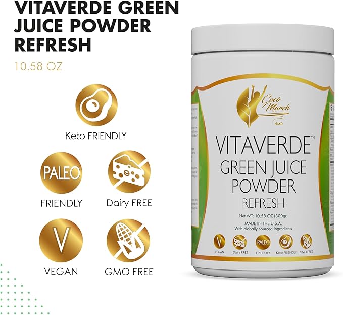 Cocó March N.M.D VitaVerde Green Juice Powder 50 Superfoods Enzymes &amp Probiotics- Refresh Flavor Organic - Vegan Paleo Friendly Dairy Free Keto Friendly GMO Free 10.58 oz 300 g