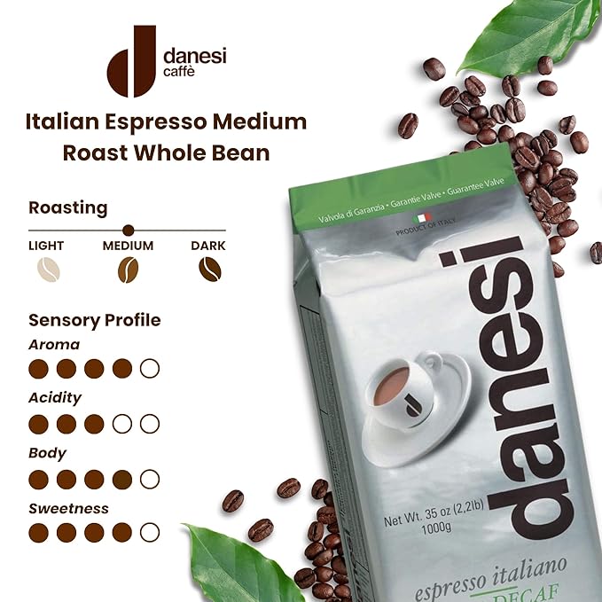 Danesi Caffe Italian Whole Coffee Beans - Espresso Coffee Beans and Medium Roast Whole Bean - Perfect for Espresso Machines French Press and Home Brewing - Decaf (2.2 lb)