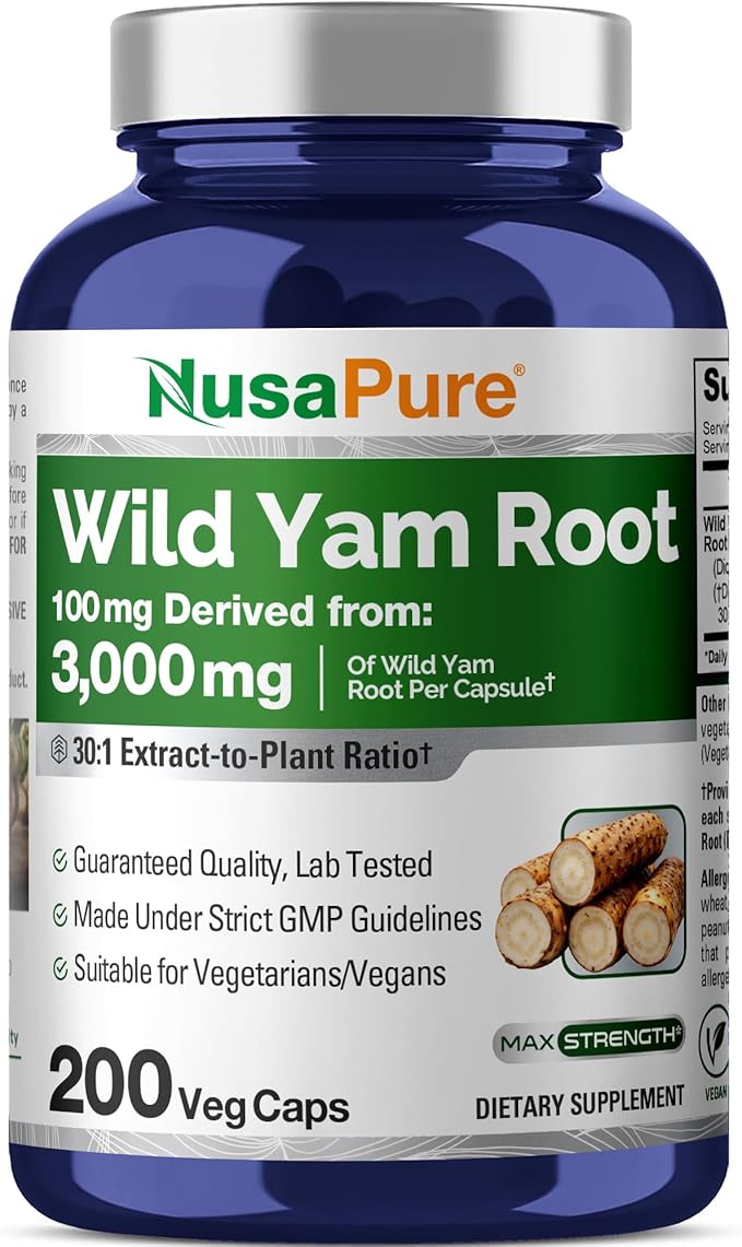NusaPure Wild Yam Root 30:1 Extract 100 mg Equivalent to 3000 mg 200 Vegan Capsules - Women’s Health &amp Hormonal Balance - Non-GMO Vegan