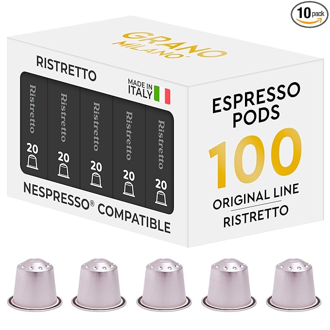 Grano Milano Ristretto Coffee Capsules - 100 Aluminum Coffee Pods Compatible with Nespresso Original line Dark Roast - Intensity 10/12 Made in Italy