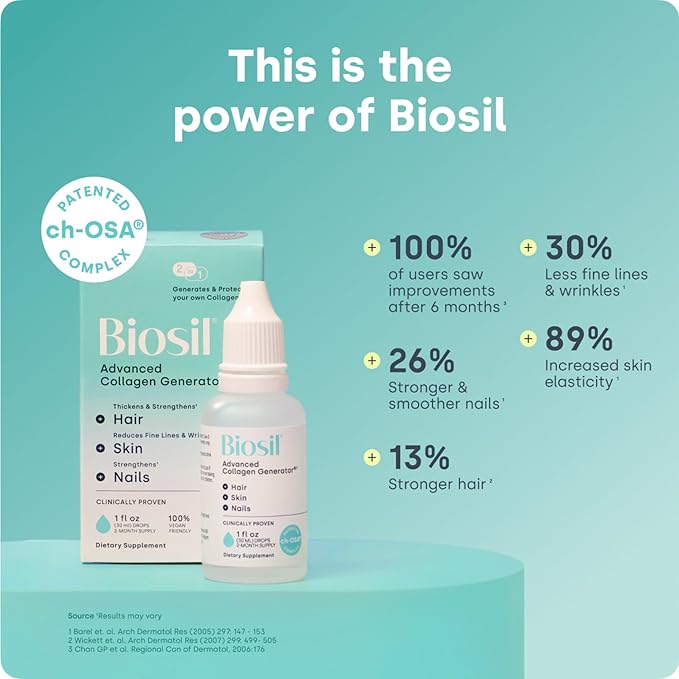 Biosil Collagen Booster Supplement - 0.5 fl oz Drops - Patented ch-OSA Activator for Skin Hair Nails &amp Joints - Supports Natural Production - 30-Day Supply