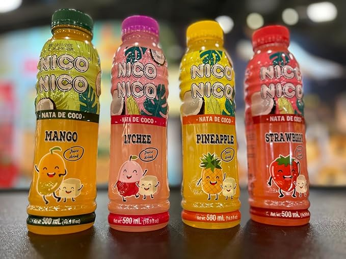 NICONICO COCONUT GEL JUICE DRINK-VARIETY PACK [16.9 fl oz Pack of 12 (3 bottle of each Mango/Lychee/Strawberry/Pineapple)] Refreshing 30% Fruit Juice Drink with Coconut Gel