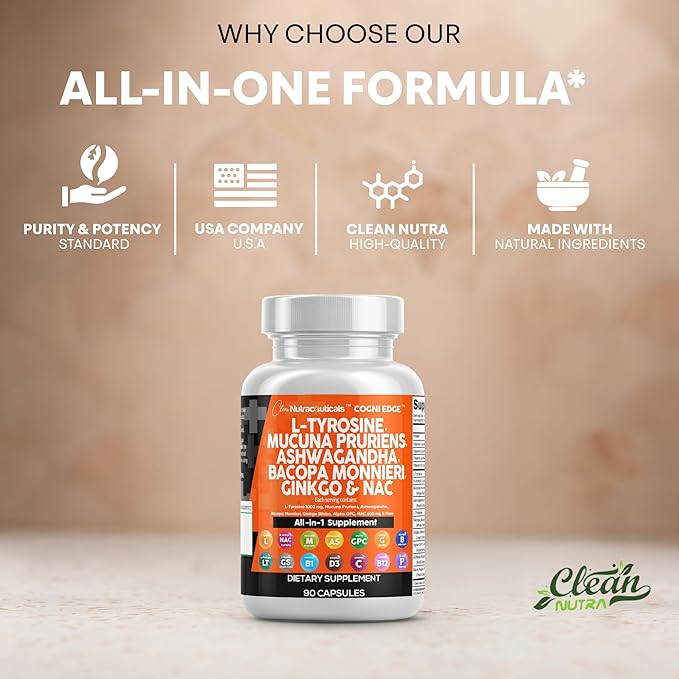 Clean Nutraceuticals L Tyrosine Mucuna Pruriens Bacopa Monnieri Ashwagandha Focus Supplement w/N-Acetyl Cysteine NAC 5-HTP Ginkgo Biloba Alpha GPC Vitamin C D B1 B12 (Pack of 2)