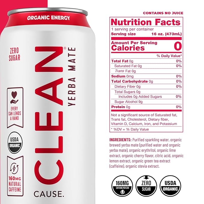 CLEAN Cause Zero Sugar Cherry Lime Yerba Mate Tea Sparkling USDA Organic Energy Drink Alternative Zero Calorie 160mg Natural Caffeine Soda Alternative Plant-Based (16oz cans 12-Pack Case)