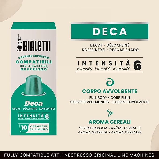 Bialetti Decaf Espresso Capsules 60 Pack – Original Line Compatible Pods Intensity 6 Light Balanced Decaffeinated Coffee with Spicy Rounded Notes