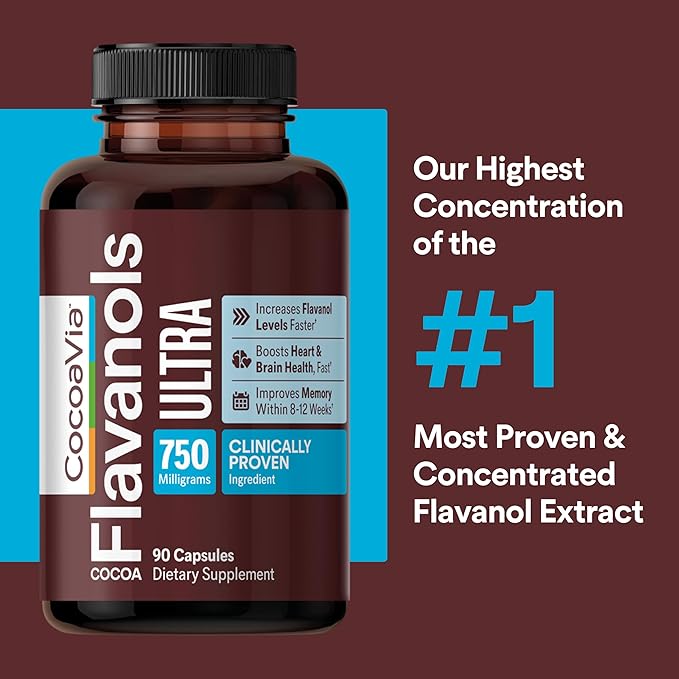 CocoaVia Ultra 750mg Cocoa Flavanols – Heart &amp Brain Support Memory &amp Blood Circulation Booster High Flavanol Cocoa for Nitric Oxide Energy &amp Oxygen Boost Vegan Gluten-Free 60-Day Su