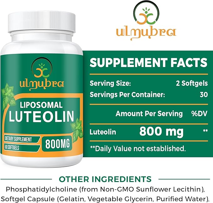 800MG Liposomal Luteolin Supplement - Maximum Absorption Premium Antioxidant Supplement for Brain &amp Overall Well-Being 120 Softgels - 60-Day Supply