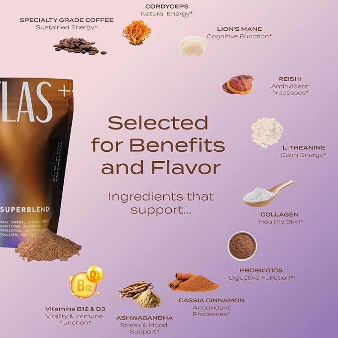 Atlas+ Latte Mushroom Coffee Superblend– Premium Coffee with Collagen Probiotics D3 &amp B12 Lion’s Mane Reishi Cordyceps Coconut– for Energy Focus Immunity &amp Gut Health– 20 Servings (1 B