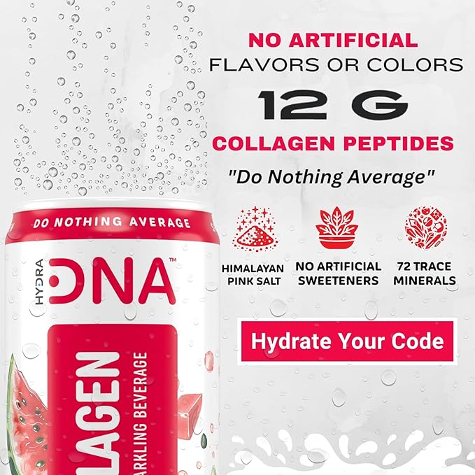 HYDRADNA- Sparkling Liquid Collagen Protein Water Drink Balanced Nutrients for Wellness - Sugar-Free - Keto-Friendly - No Gluten (12 Pack) Watermelon