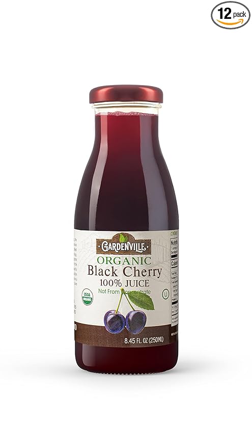 Gardenville Organic Black Cherry Juice (Pack of 12) USDA Organic No Added Sugar U Kosher Certified Pasteurized 8.4 oz Glass Bottles (Black Cherry)
