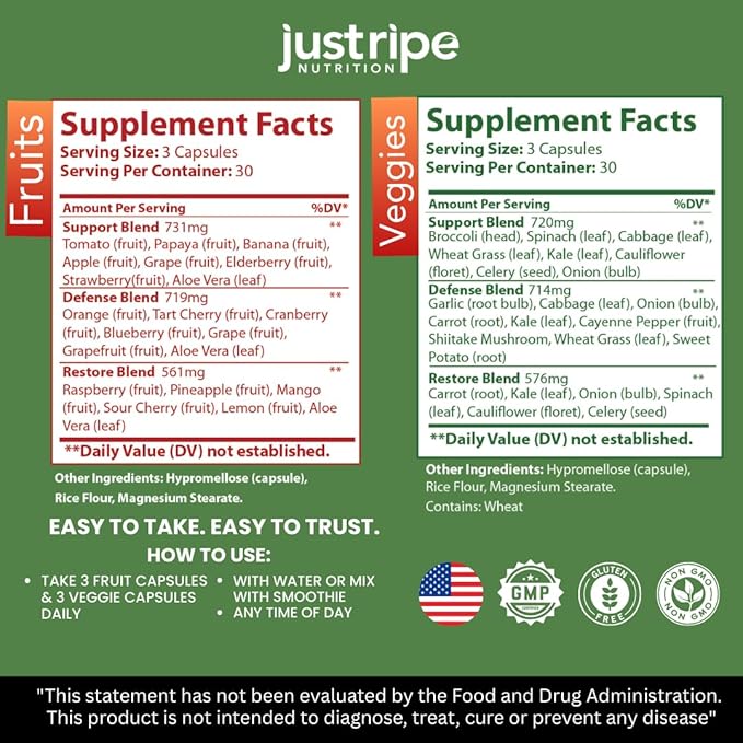 Fruits and Veggies Supplement - 90 Fruit and 90 Vegetable Capsules - 100% Whole Natural Superfood - Filled with Super Greens Vitamins and Minerals - Supports Balance Energy Levels (1 Pack)