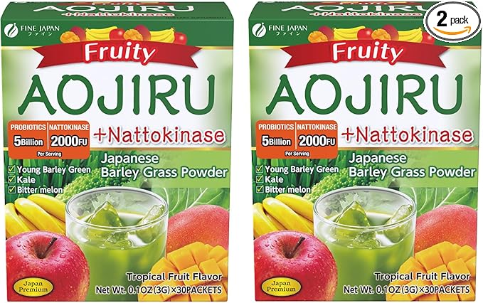 FINE JAPAN Green Aojiru Young Barley Grass Powder with Fruits and Nattokinase Powder juice &amp Smoothie Mix Superfood Vitamin Probiotics (154gr/5.4 oz/30 packets) (Pack of 2)
