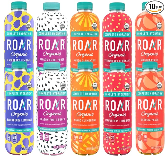 Roar Organic Beverages Variety Pack 10-Pack (18oz Bottles) – Strawberry Lemonade Dragon Fruit Punch Mango Clementine Blackberry Lemonade &amp Georgia Peach – Refreshing Organic Drink