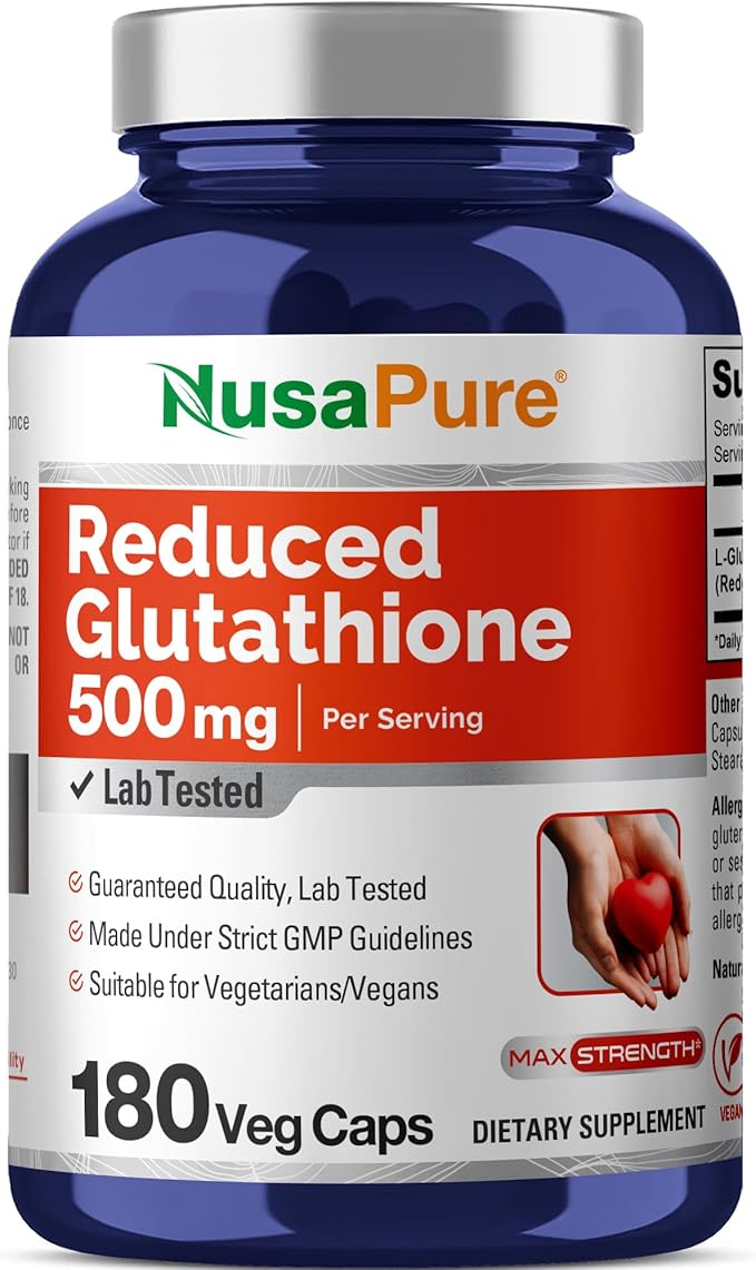 NusaPure Reduced Glutathione 500mg 180 Veggie Capsules (VeganNon-GMO) L-Glutathione
